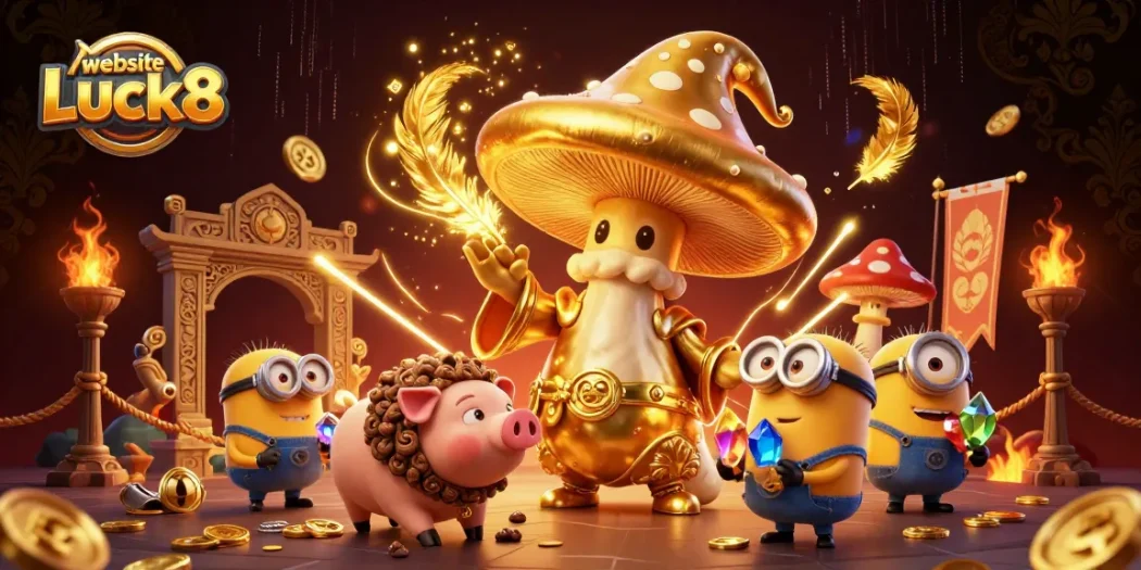 Spin to win with website Luck8 in a rich, vibrant casino scene filled with golden magic and treasures.