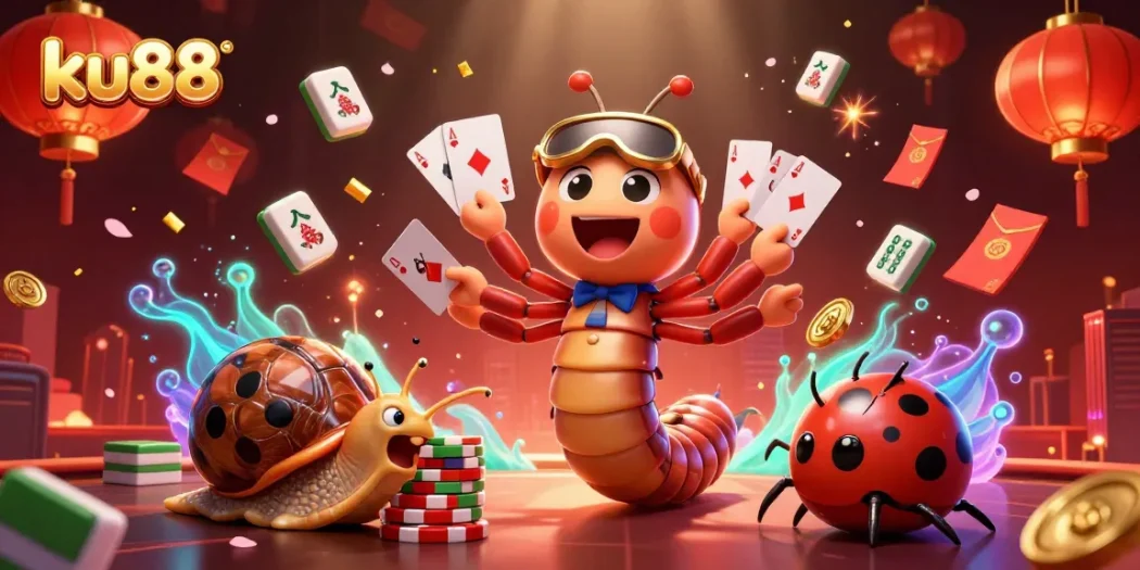 Engage with ku88 casino excitement featuring a millipede dealer and high-roller snail in a dynamic scene.
