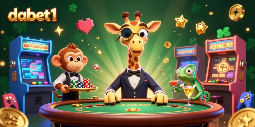 Dabet1 showcases a high-roller giraffe at a VIP poker table with vibrant casino elements.