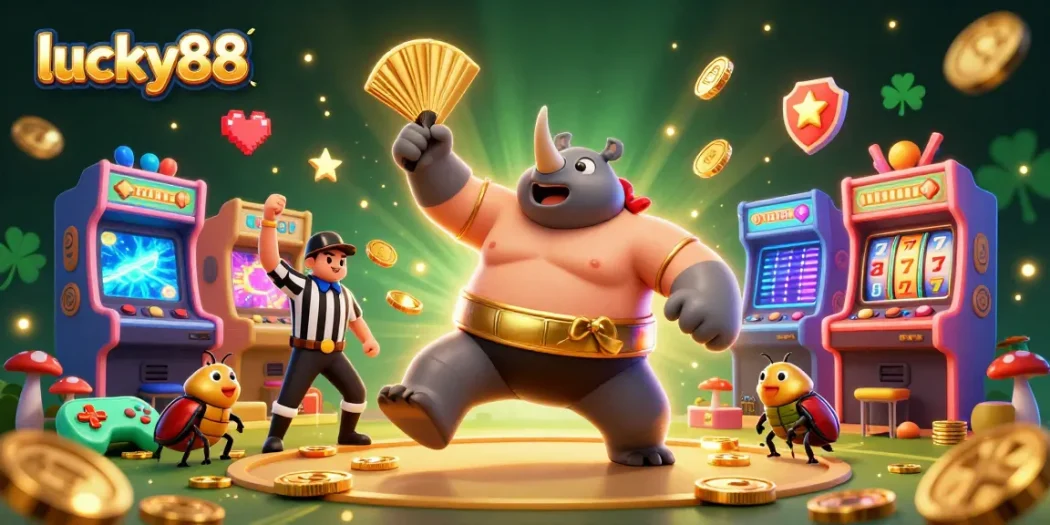 Spin the lucky88 reels as a rhinoceros beetle sumo champion celebrates a big win!