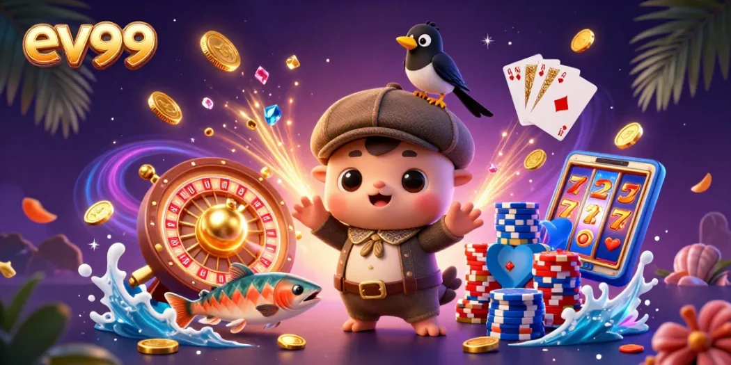 ev99 gaming illustration featuring adorable Loch Ness monster and vibrant casino elements