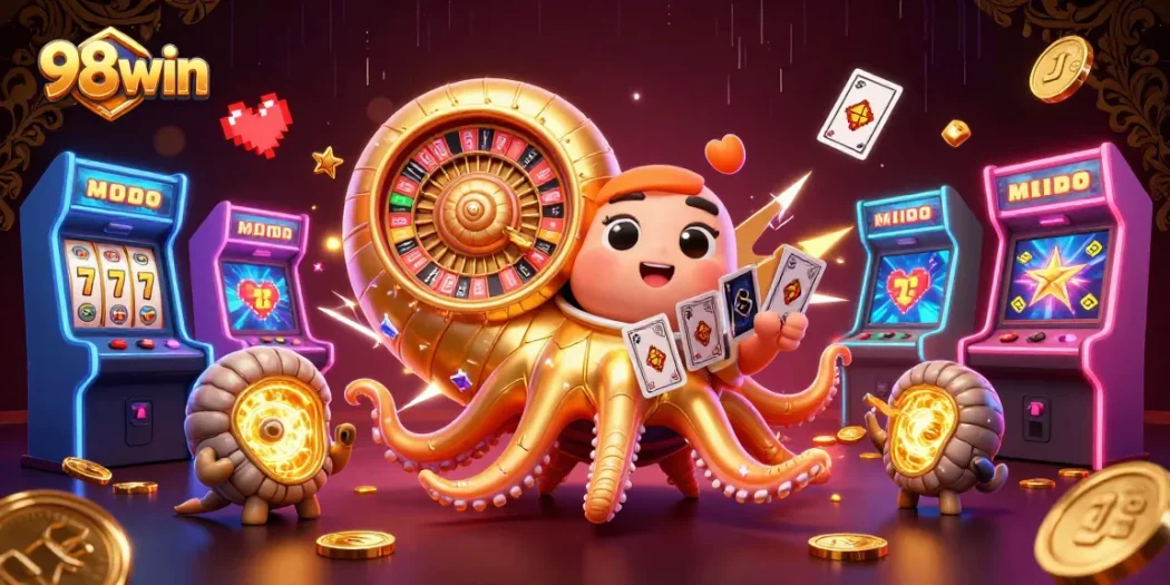 Experience thrilling wins at 98win with a vibrant 3D casino scene full of colorful games and jackpots.