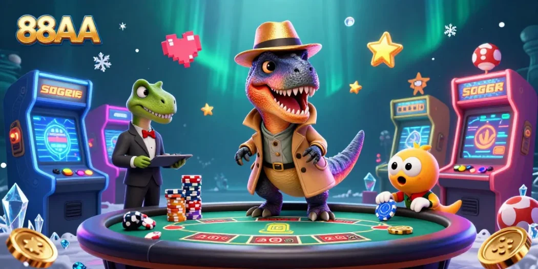 Experience 88AA's vibrant casino gaming scene featuring cartoon characters engaging at blackjack tables and surrounding arcade game elements.