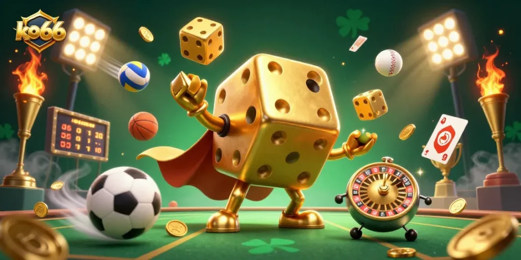 Experience exciting sports betting at ko66 with dynamic golden dice characters and active game elements.