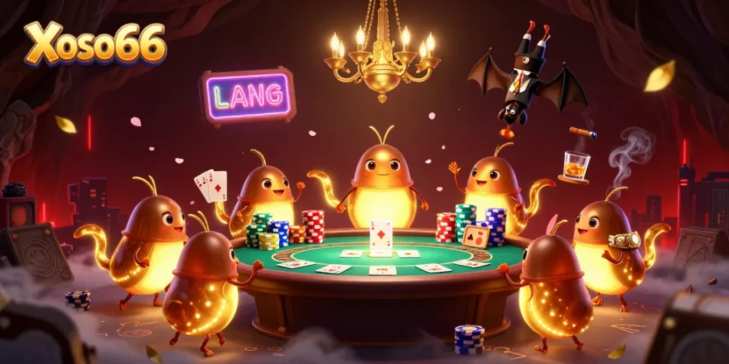 Xoso66 glowworms illuminate a vibrant casino scene while a bat dealer manages a lively poker table.