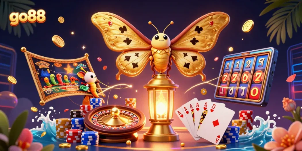 Experience thrilling wins at go88 with a vibrant 3D casino scene featuring spinning roulette and golden treasures.