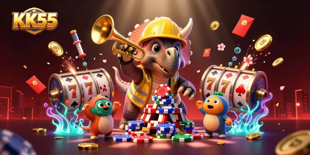 Celebrate wins at KK55 with a vibrant 3D casino scene featuring cheerful characters and immersive gaming elements.