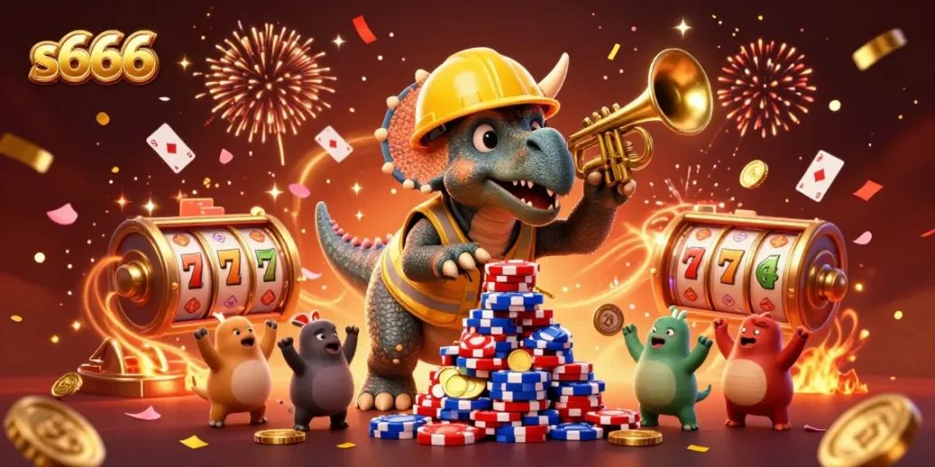 Experience vibrant gaming excitement with s666 through a triumphant triceratops celebrating a winning poker chips pyramid.