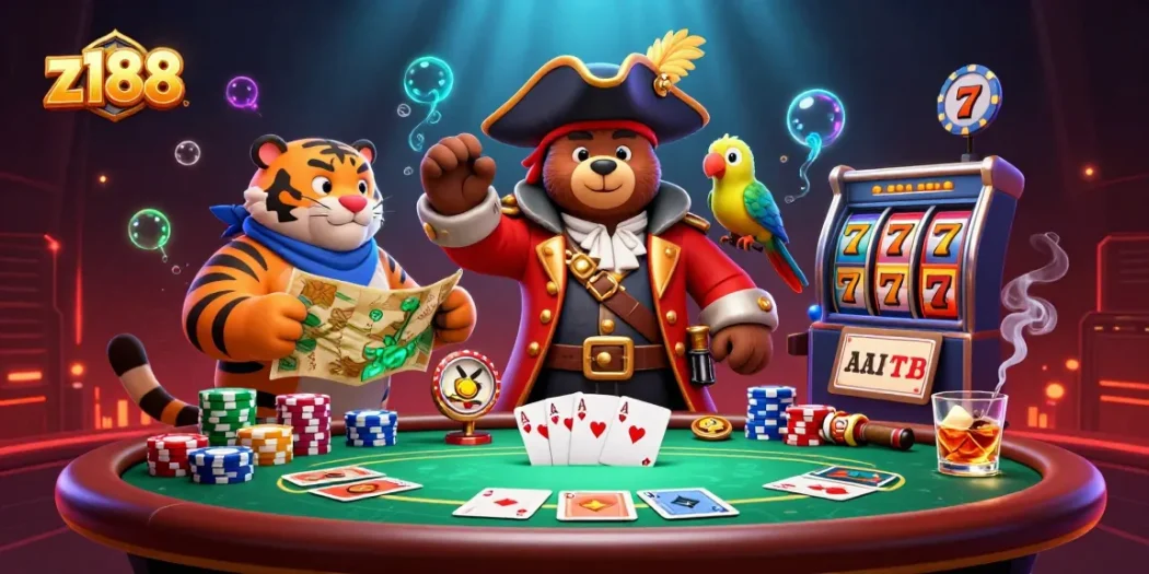 Z188 players tackle slot games with excitement, featuring dynamic 3D characters and casino elements.