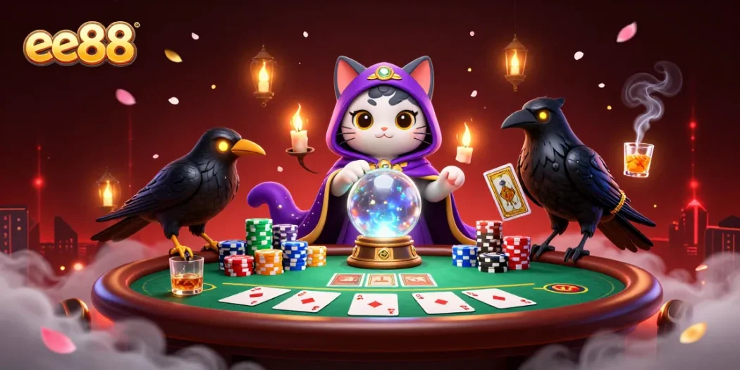 Engage with the mystical scene at ee88 featuring a fortune teller cat and poker elements.