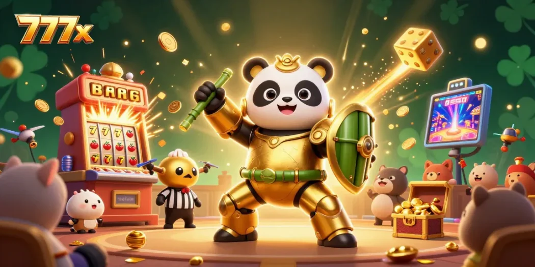 777x showcases a dynamic casino scene with a golden panda piloting a robot amidst vibrant gaming elements.