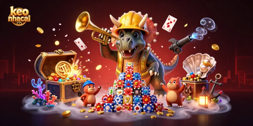 Engage in thrilling betting with keo nha cai showcasing a vibrant casino scene featuring a triceratops.