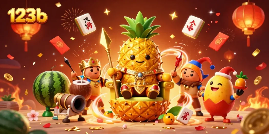 Experience the excitement of 123b casino with vibrant 3D artwork featuring a golden pineapple king and festive elements.