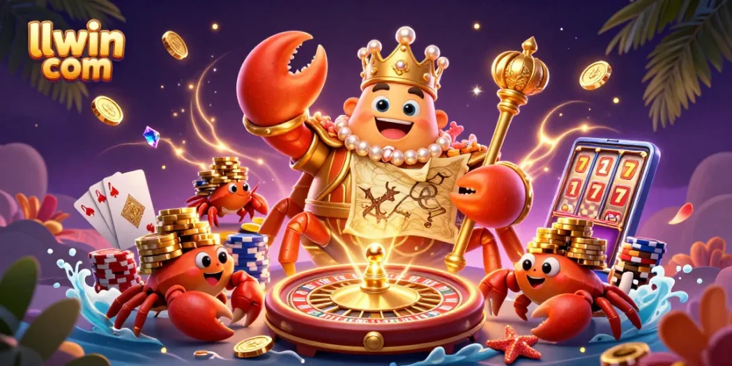 Experience vibrant gaming at llwin com with a cartoon crab emperor, treasure map, and casino elements.