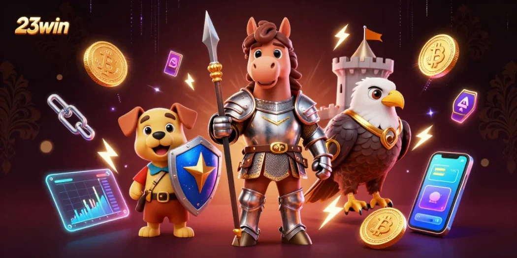 Engage with 23win through thrilling medieval themes and vibrant cryptocurrency elements in this captivating illustration.