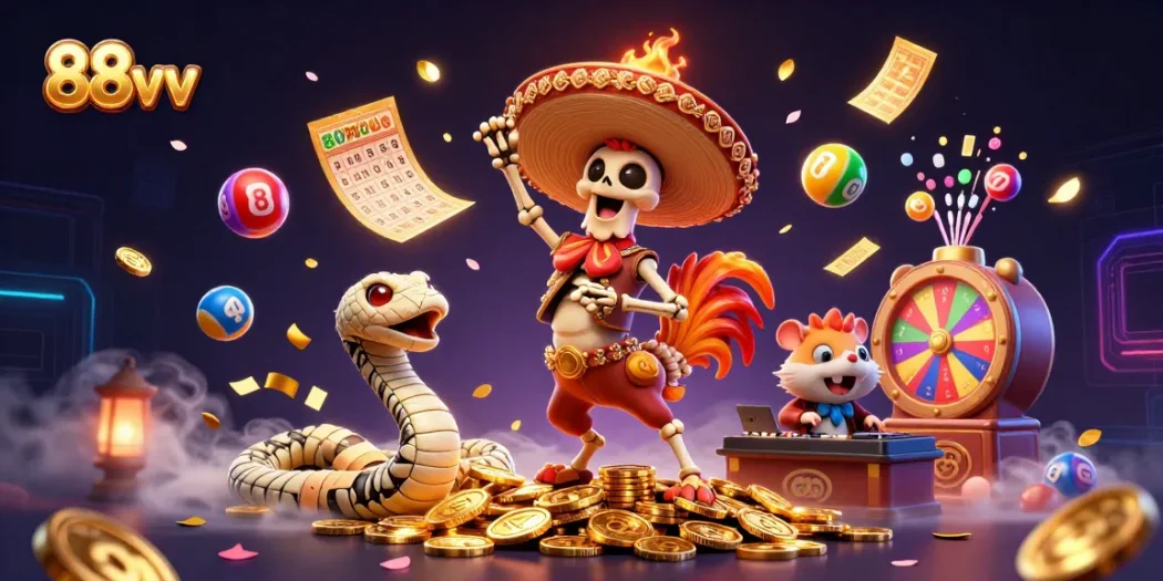 88vv showcases an exciting victory scene with a dancing rooster, mummy snake, and DJ hamster amid vibrant gambling elements.