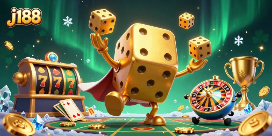 Experience thrilling slots with j188 as dazzling golden dice and casino elements create excitement.