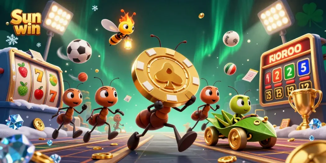 Join the thrilling heist at Sun win, where ants carry a giant poker chip amidst vibrant gambling elements.